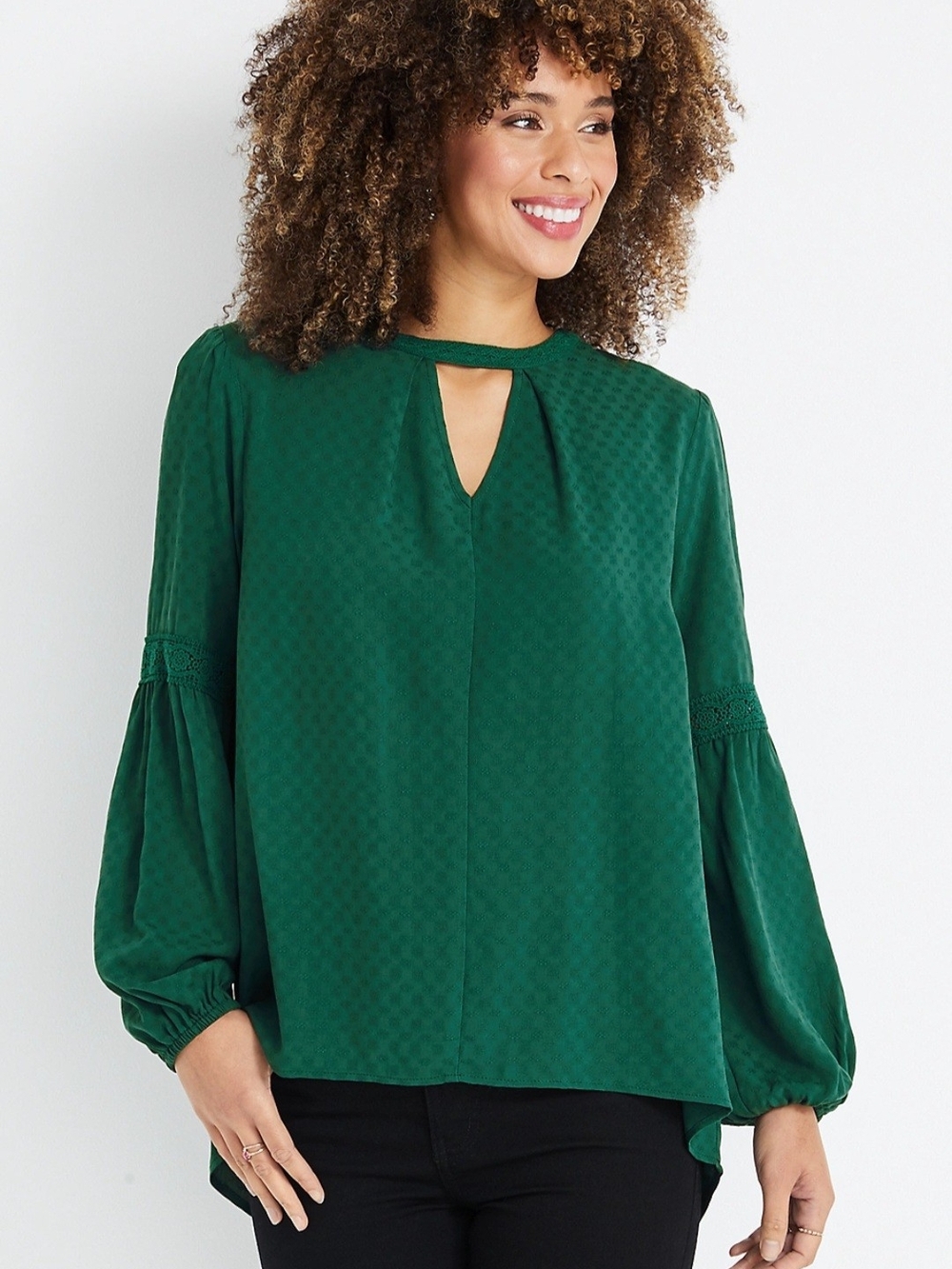 Maurices Emerald Green Keyhole Lace-Trim Blouse